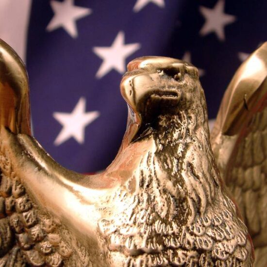 close-up of eagle statue with U.S. flag in background