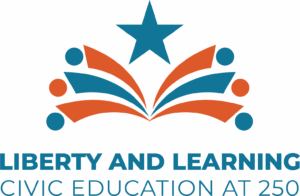 CLW26 Logo Theme(1) Liberty and Learning Civic Education at 250 with stylized orange and blue people making up open book with star